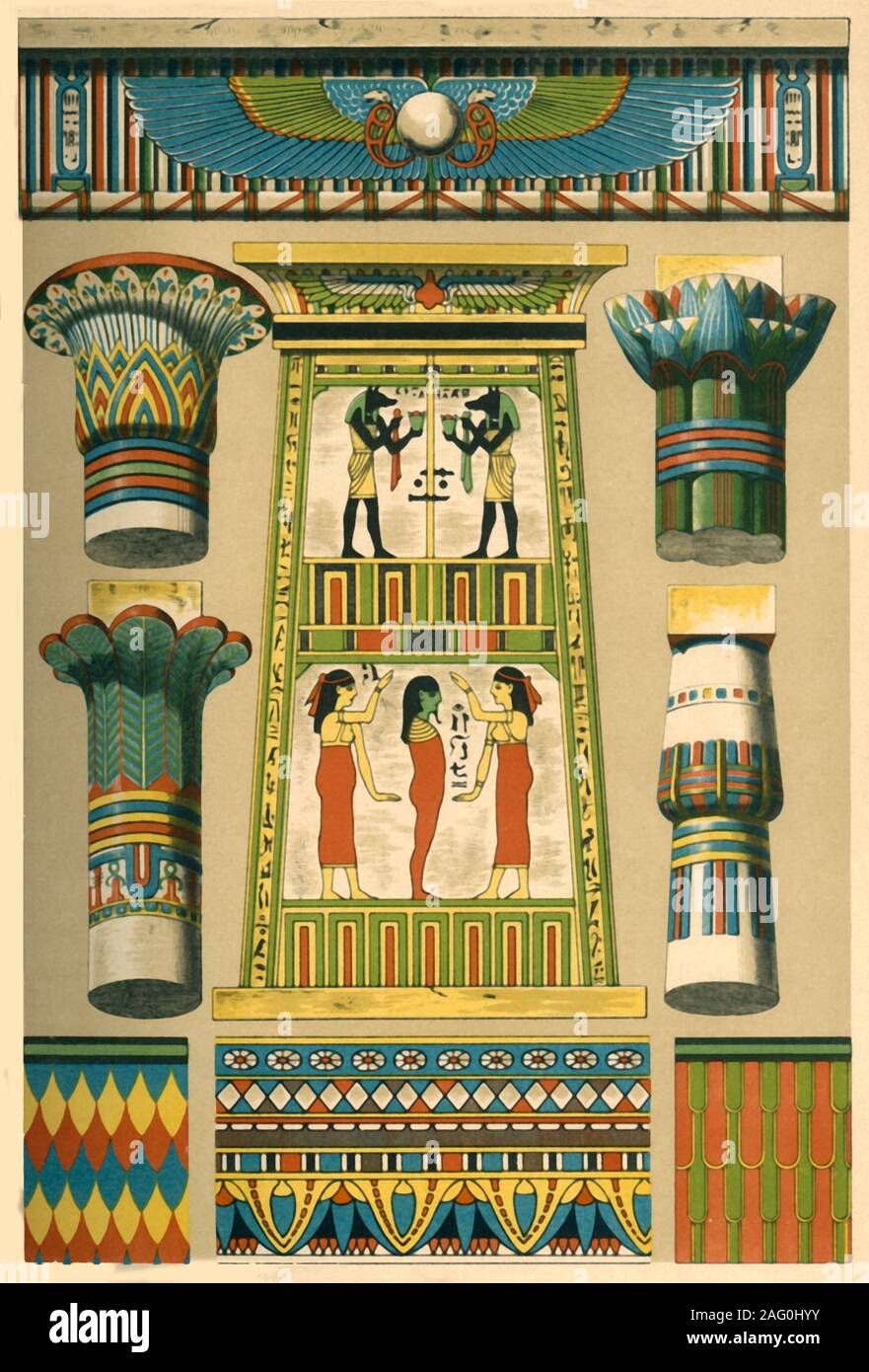 Ancient Egyptian decoration, (1898). Examples of architecture and painting from Ancient Egypt: 'Fig 1: Pylon (entrance-tower) with figural representations and hieroglyphics. Louvre, Paris. Fig 2: Cornice of the entablature of the great temple at Philae. Sculpture and painting. Fig 3: Capital from the temple at Luxor, representing full-blown papyrus. 1200 BC. Fig 4: Capital from a temple at Thebes. (Buds-capital). Fig 5: Capital from a portico at Edfu. (Representing a palm-tree). Fig 6: Capital from Thebes, 1200 BC. Represents a papyrus-bud. Fig 7: Mummy-case painting. Figs 8 and 9: Scaly desig Stock Photo