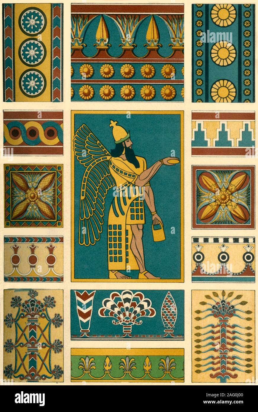 Assyrian decoration, (1898). Examples of ancient Assyrian painting, polychrome sculpture and pottery from what is now Iraq: 'Fig 1: Portion of a glazed brick from a palace at Khorsabad. Figs 2-4: Painted bas-reliefs from Koyunjik [Kuyunjik, Nineveh]. Fig 5: Painted ornament from Nimroud [Nimrud]. Fig 6: Glazed brick from Khorsabad. Figs 7-10: Painted ornaments from Nimroud. Figs 11-12: Sacred trees. Painted bas-reliefs from Nimroud. Fig 13: Painted ornament from Nimroud. Fig 14: Enamelled brick from Khorsabad...The excavations on the banks of the Tigris at Khorsabad, Nimroud and Koyunjik broug Stock Photo