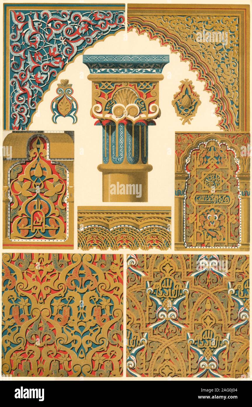 Architectural decoration in the Alhambra, (1898). 'Moresque - Architectural Ornament - Spain is the country, where the Islamitic art found its purest and most beautiful development in the buildings of the Moorish kings, for instance, in the palace of Alhambra near Granada (13th and 14th century). Especially with the Moors, Mahomedan ornamentation reached its culminating point. Figs 2-10 represent mouldings and wall surfaces executed in stucco and painted...The Moorish artists knew how to produce wonderful effects by artfully interlacing and twisting the geometrical and arabesque ornaments...we Stock Photo
