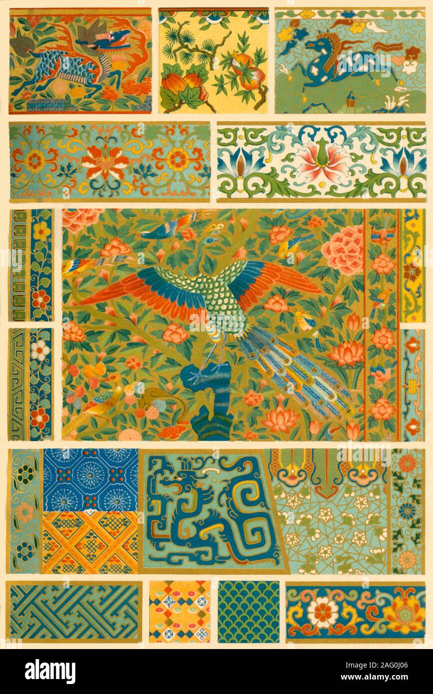 Chinese painting, weaving, embroidery and cloisonn&#xe9;, (1898). Examples of painted decoration, textiles and enamelling: 'Fig 1: Conventional representations of fruit and flowers painted on porcelain. Fig 2: Painted border from a China vessel. Fig 3: Painting from a little wooden chest. Figs 4, 5 and 6: Portions of bed-curtains embroidered in silk and gold (XV. century). Figs 7, 8 and 9: Patterns from woven stuffs. Figs 10 and 11: Portions of an old China copper-vase executed in '&#xe9;mail cloisonn&#xe9;' [a type of enamelling]. Figs 12-23. Ornaments on vases, bowls and censers executed in Stock Photo