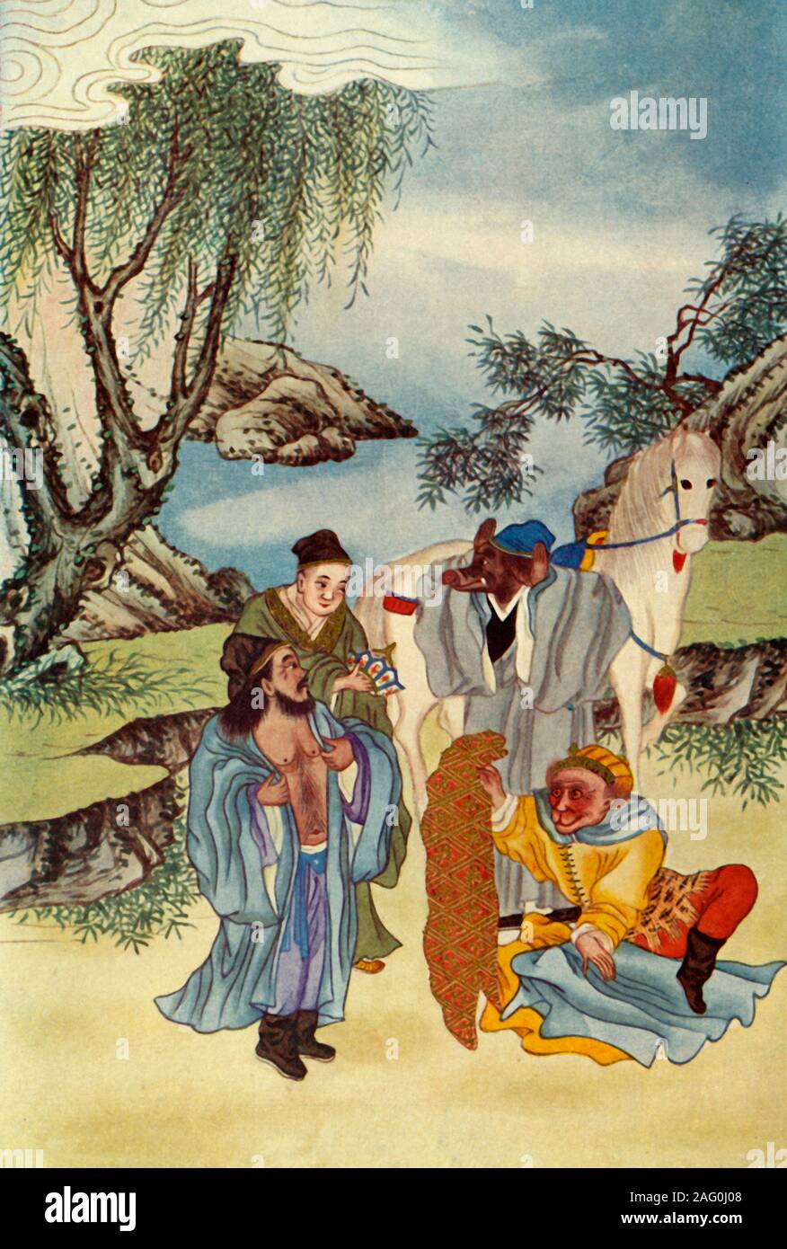 'Sun Steals Clothing for his Master', 1922. The Monkey King, Sun Wukong steals clothing for disguise in the 16th-century Chinese novel Journey to the West by Wu Cheng'en. From &quot;Myths and Legends of China&quot;, by E. T. C. Werner. [George G. Harrap &amp; Co. Ltd., London, Calcutta, Sydney, 1922] Stock Photo