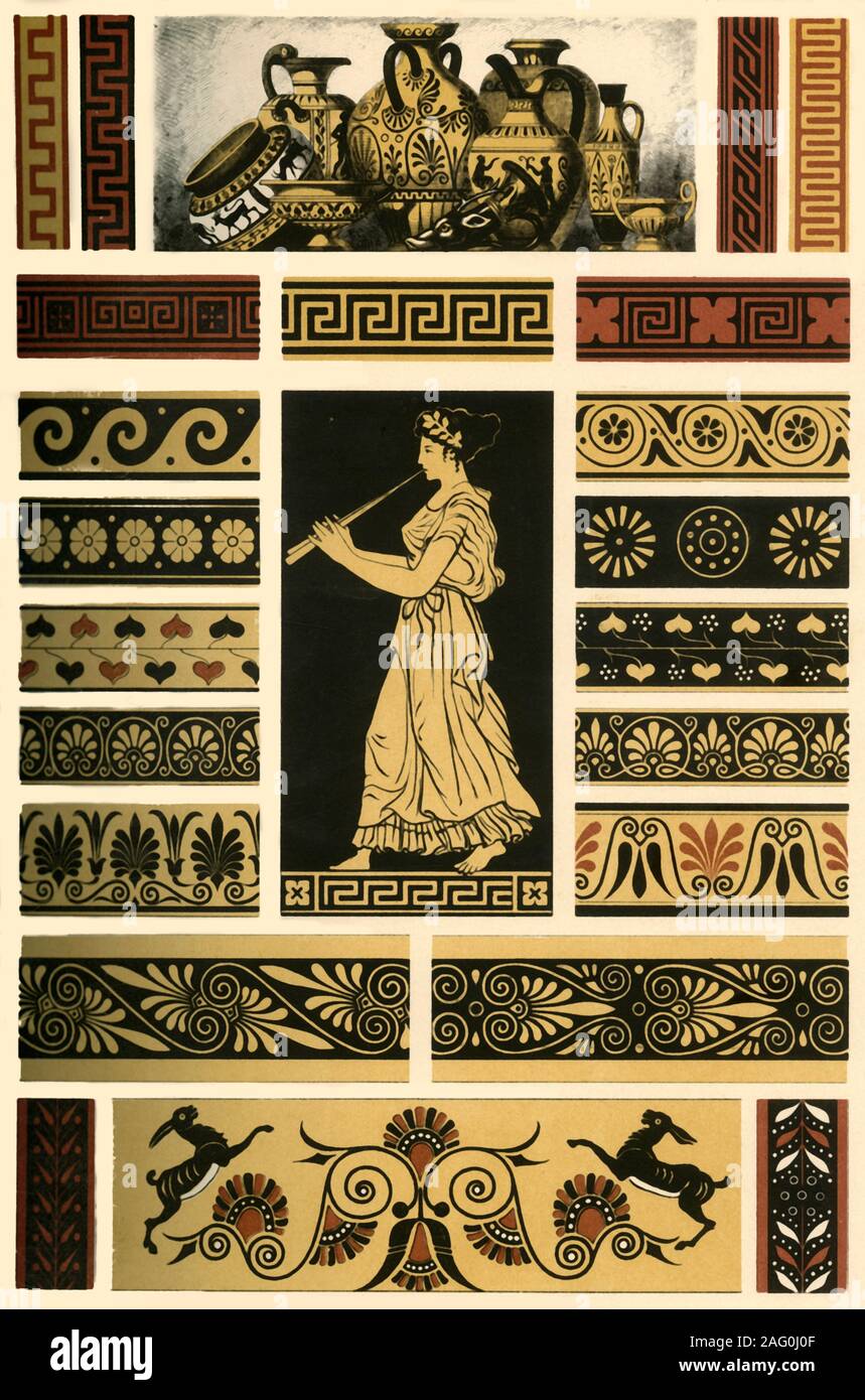 Ancient Greek pottery, (1898). 'Figs 1-9: Forms of Greek vases. Fig 1: Amphora, vessel for oil, wine etc. Fig 2: Hydria, vessel for carrying water. Fig 3: Urn, a cinerary vessel. Fig 4: Oenochoe, wine-can, pouring-vessel. Fig 5: Cylix, drinking-cup. Fig 6: Deinos, crater, vessel for mixing wine and water. Fig 7: Lecythus, vessel for anointing-oil. Fig 8: Cantharus, two-handled drinking-cup. Fig 9: Rhyton, drinking-vessel. Fig. 10: Female figure on an Amphora in the National Museum at Naples. Figs 11-32: Ornaments on vases in the Museums of Naples, Rome, Munich, Paris and London'. Plate 6 from Stock Photo