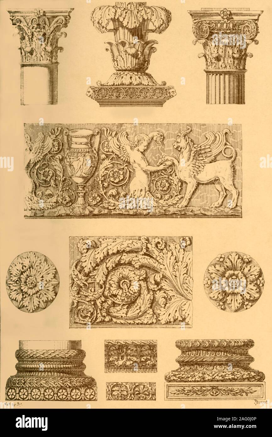 Roman architectural ornament and sculpture, (1898). 'Fig 1: Corinthian capital from the Pantheon at Rome. Fig 2: Head of a candelabrum from the Vatican Museum. Fig 3: Composite capital from a temple of Juno at Rome. Fig 4: Fragment of a frieze, found in the Villa of Hadrian at Tivoli, now in the Lateran Museum at Rome. Figs 5 and 7: Rosettes from the Vatican Museum. Fig 6: Fragment of a frieze from Rome. Figs 8 and 11: Bases of columns from the later Roman period. Figs 9 and 10: Members of cornices from the ruins of the Imperial palaces on the Palatine...In Roman ornament the different forms o Stock Photo