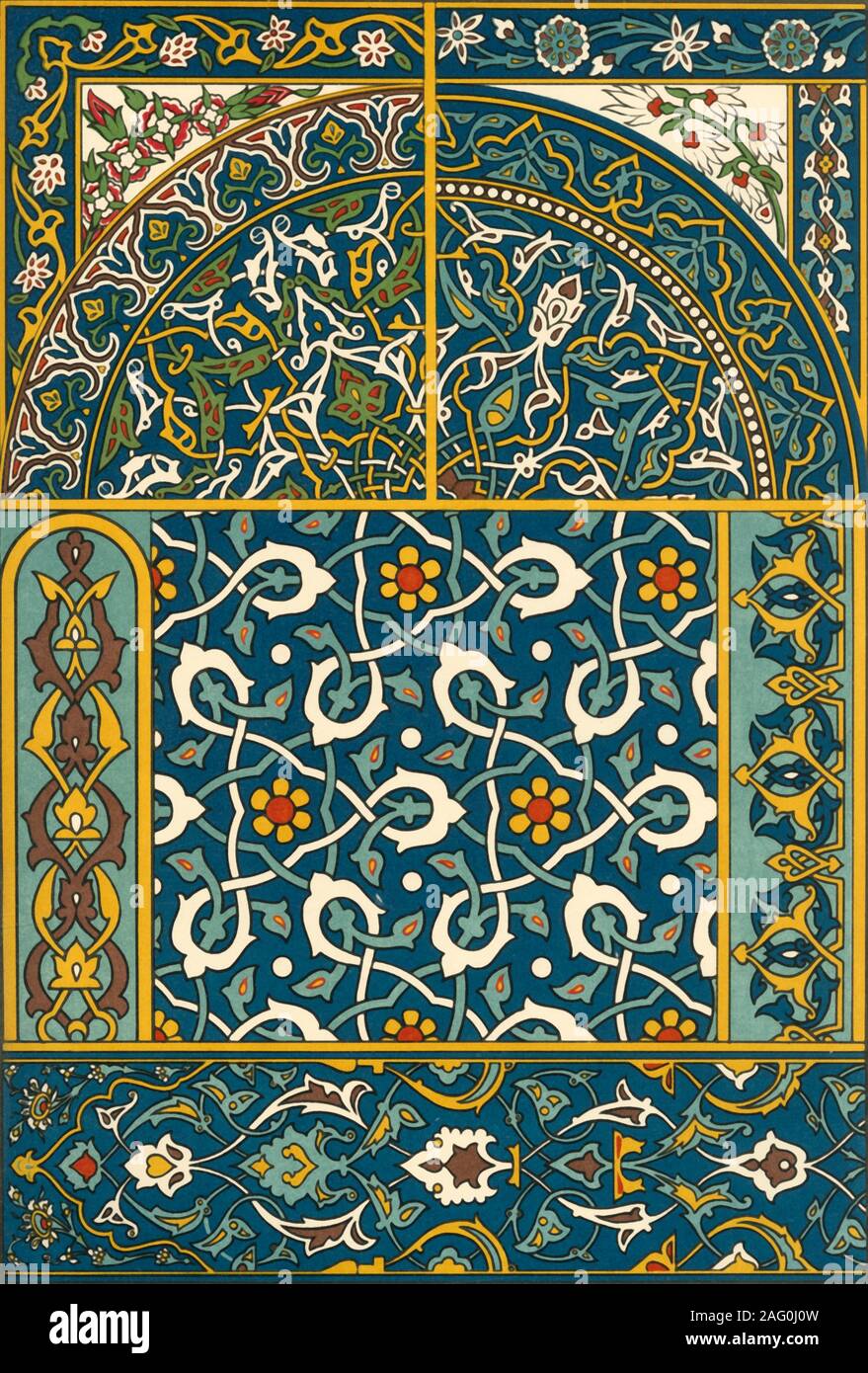 Turkish glazed ceramic designs, (1898). 'Architectural Ornament in Fa&#xef;ence - Figs 1,2 5, 6, 7 and 9: From the Mosque of Y&#xe9;chil-Djami at Brussa [The Green Mosque, also known as the Mosque of Sultan Mehmed I, Bursa, Turkey]. Figs 3, 4 and 8: From the Y&#xe9;chil-Turbey-Tomb of Sultan Mohammed I [The Green Tomb or Yesil T&#xfc;rbe, the mausoleum of Mehmed I, Bursa]. Figs 10 and 11: From the Tomb Mourahdieh [The Muradiye Complex or the Complex of Sultan Murad II, Bursa]...in the ornament of the Islamitic nations, the Persian floral element always bursts forth afresh and in comparative pu Stock Photo