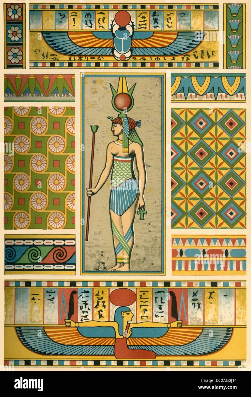 Ancient Egyptian decoration, (1898). Examples of architecture and painting from Ancient Egypt: 'Fig 1: Painted relief-figure from a column of the temple at Denderah. Figs 2 and 3: Paintings from mummy-cases. Figs 4 and 5: From a mummy-case in the Louvre, Paris. Fig 6: Painted border from a sarcophagus. Fig 7: Border from a mummy-case. British Museum, London. Fig 8: Ornament on wooden sarcophagus. London. Fig 9: Border on a mummy-case. British Museum. Fig 10: Portion of a collar. London. Fig 11: Painting on a sarcophagus. London'.  Plate 1 from &quot;The Historic Styles of Ornament&quot; transl Stock Photo