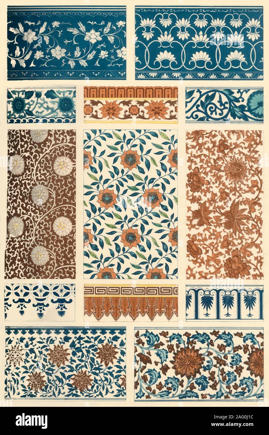 Chinese painting, (1898). 'Figs 1-5 and 9-13: borders; Figs 6-8: continuous patterns of painted China vases, the greater part of which are to be found in South Kensington Museum [Victoria &amp; Albert Museum, London]. In Fig 1 an inclination towards Persian manner is to be observed in composition and character. The yellow colour, used in Figs 4, 6 and 10, is gold on the original objects...The principal native plants used for decorative patterns are the leaves and flowers of the tea-shrub, roses, camellias, melons etc'. Plate 11 from &quot;The Historic Styles of Ornament&quot; translated from t Stock Photo