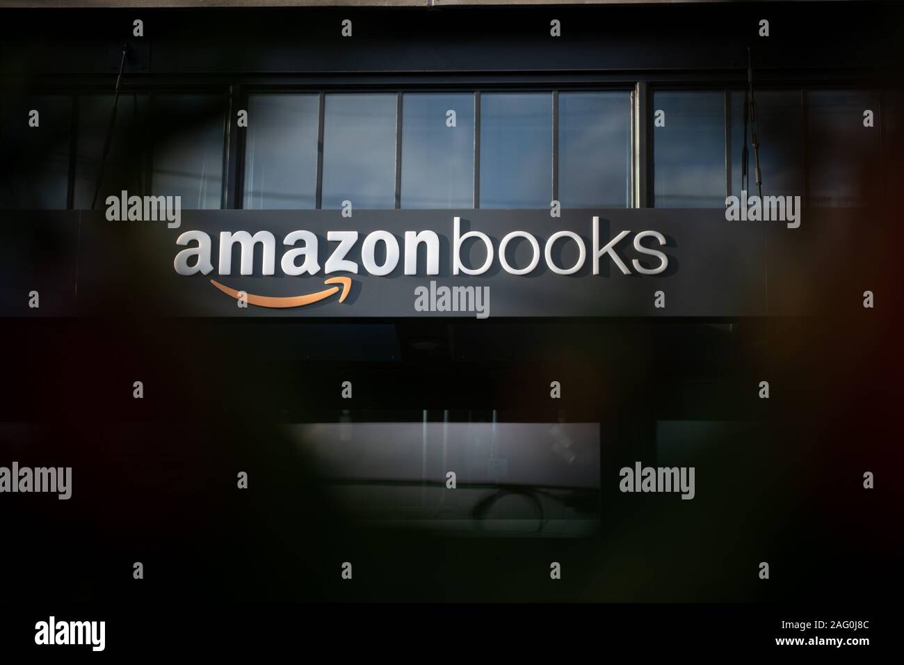 An Amazon Books logo on a location in Bethesda, MD, as seen on