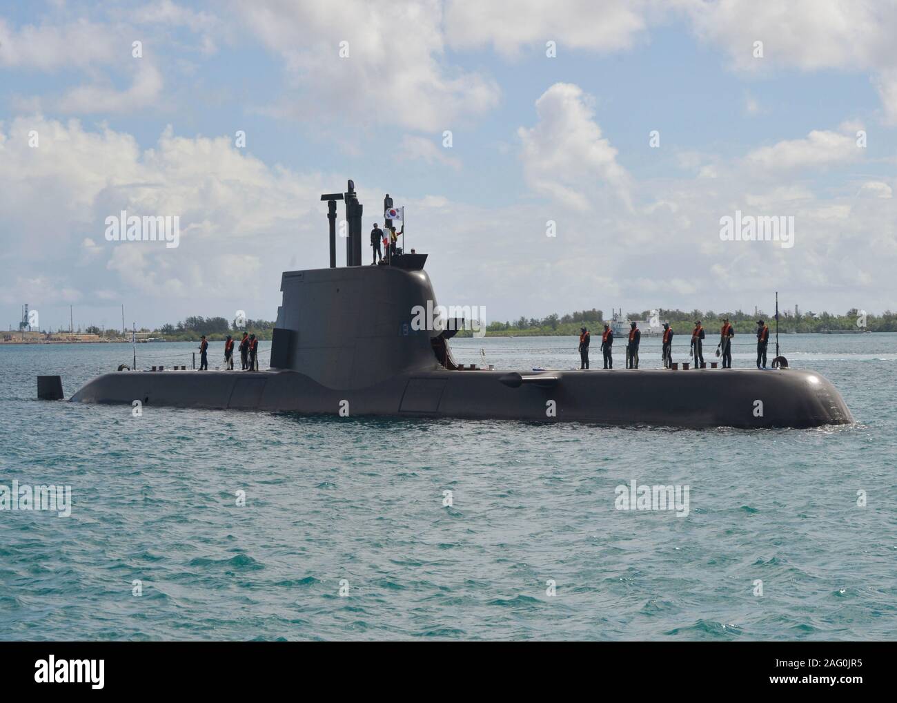 Republic of Korea sailors aboard the Sohn Wonyil class diesel-electric submarine ROKS Yun Bonggil prepare for docking at Naval Base Guam June 5, 2019 in Santa Rita, Guam. Naval Base Guam is home to four Los Angeles-class attack submarines in the 7th Fleet and supports allied operations in Asia. Stock Photo