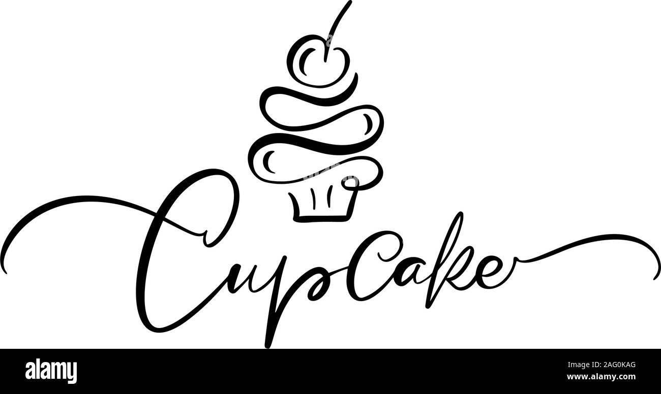 Cupcake vector calligraphic text with logo. Sweet cupcake with cream, vintage dessert emblem template design element. Candy bar birthday or wedding Stock Vector