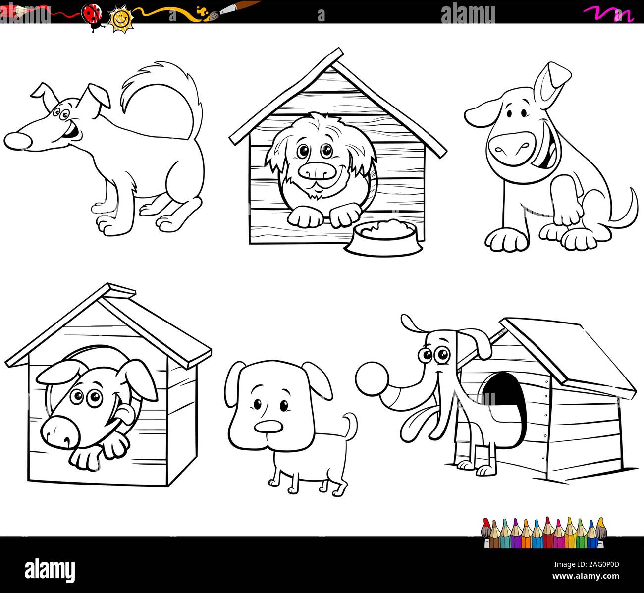 Black and White Cartoon Illustration of Dogs Animal Characters Set ...