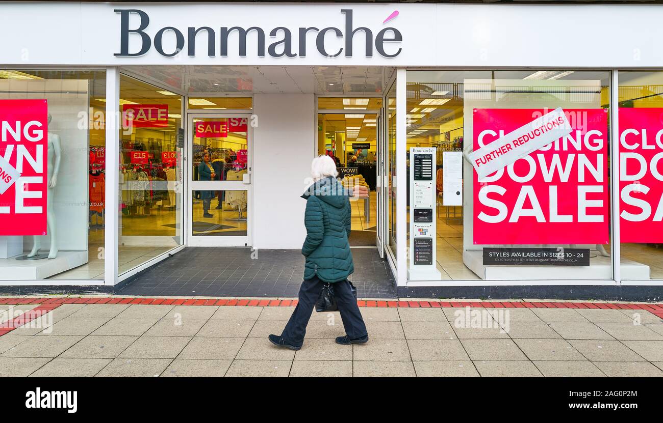 Closing down sale notice in the window of the Bonmarche shop in the town shopping centre at Corby, Northamptonshire, England, December 2019. Stock Photo