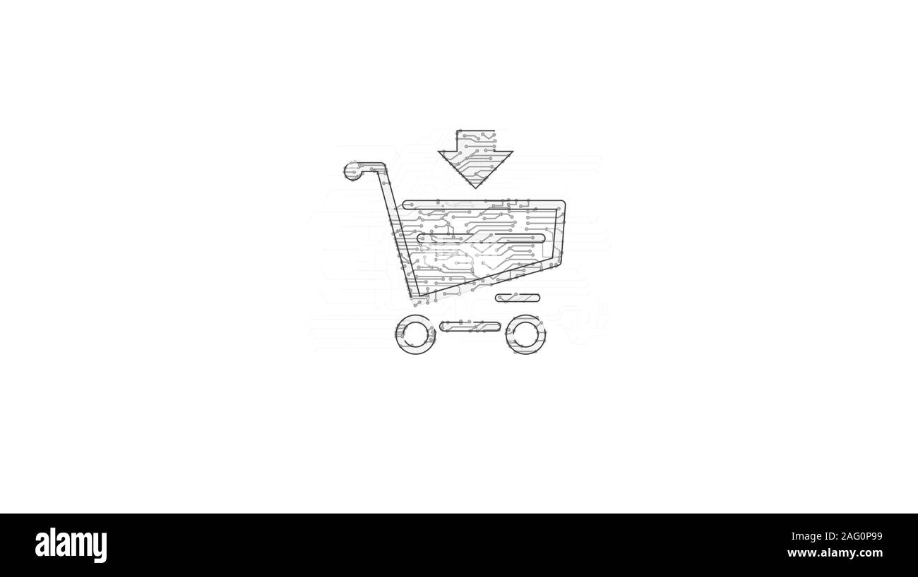 Shopping cart symbol futuristic 3D rendering illustration. Abstract digital intro background. Concept of online store, cyber business, sale, buy, comm Stock Photo