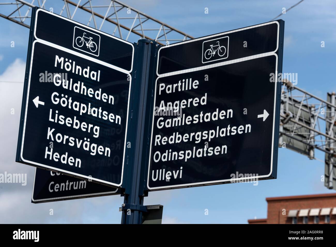 Cycle route directions sign in and around the streets of Gothenburg in