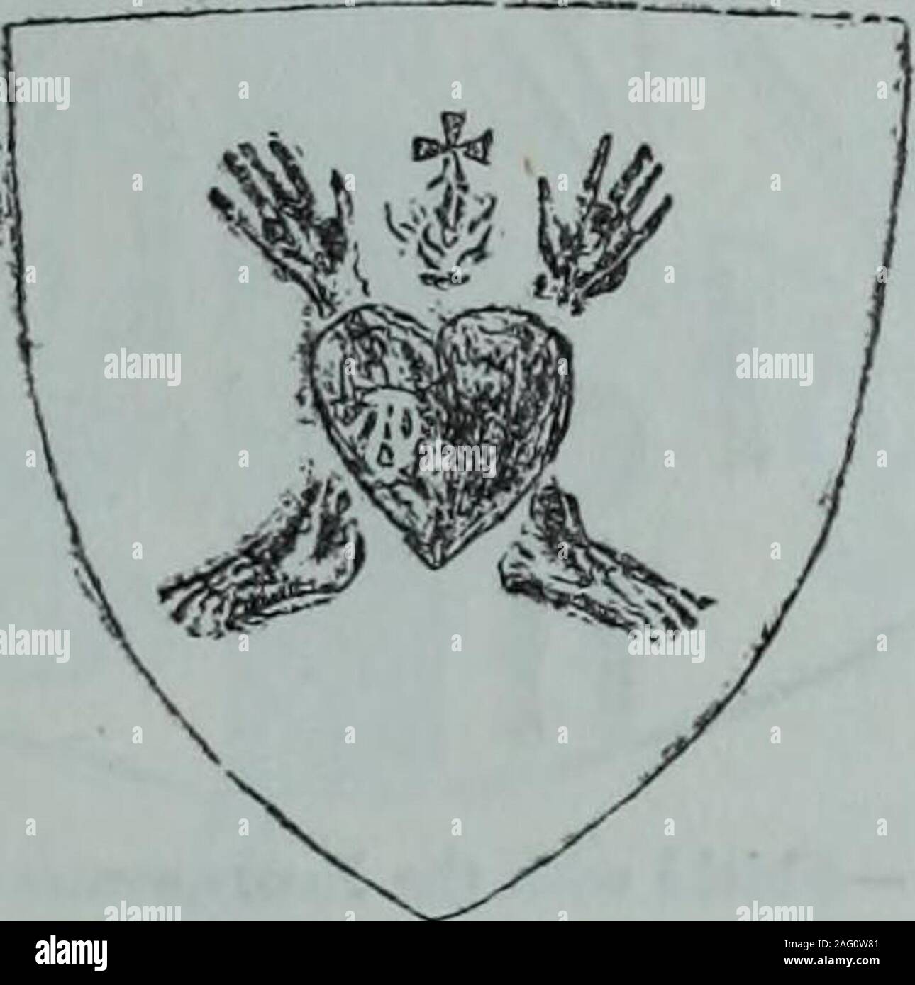 . Elgin past and present : a historical guide / by Herbert B. Mackintosh. Fig. 20.—Shield in the Chapter-house. Fig. 21.—Shield in the Chapter-house. (not on a shield). (6) Shield with the royal arms of Scotland (tressurecomplete). (7) Shield with Stewart arms as in fig. 19. (8) Shield bear-ing (Fig. 21) :—A flaming heart with pierced hands and feet. Excellentplaster casts of these eight shields are in the Museum, the work ofF. Piccioni, an Italian artist, in 1834. On some of the bosses of the roof are shields of considerably largersize, bearing similar charges, viz.:—The royal arms of Scotlan Stock Photo