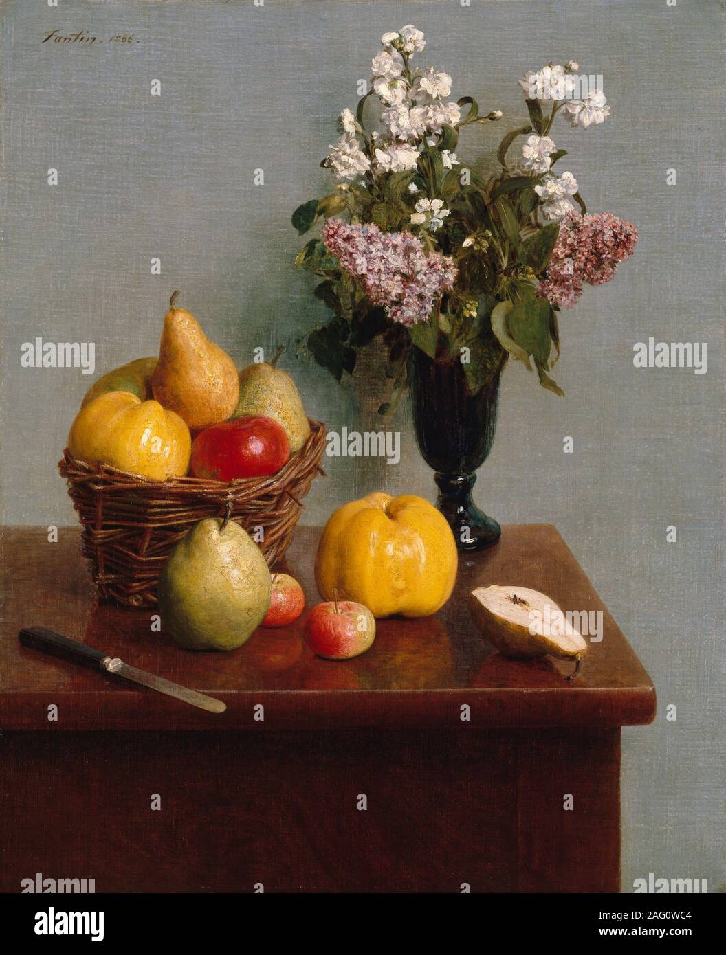 Still Life with Flowers and Fruit, 1866. Stock Photo