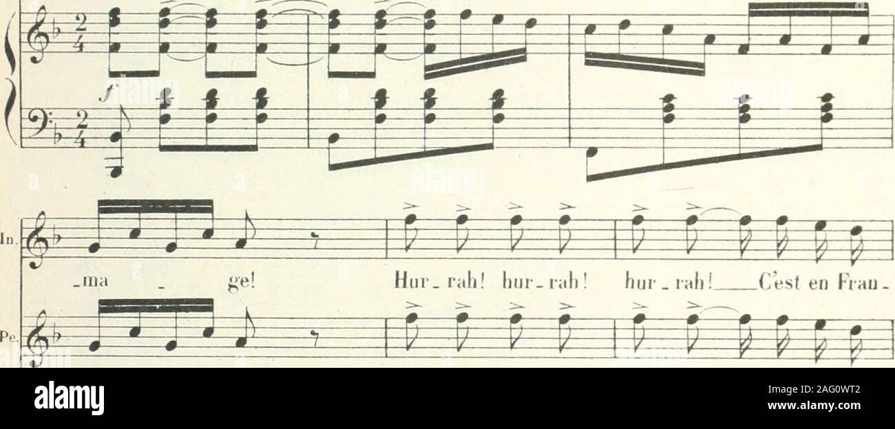 . La princesse des Canaries; opéra bouffe en 3 actes de Duru et Chivot. Partition chant et piano transcrite par Léon Roques. uel heai ^?U F F P lF-4 PPpp Ipp F^^^^ .411 rif^ht, ail ri^lit, ail rif^lif Les jo.lis oauseiiis qdi-voi.là,^^!!^! bi-aii ra.. (i&gt; ^ ^ # 1^ i»|&gt;^— —- V P V P IP P M H Hiir. rab! hiir.iahl hiir.rah! Cest en Fr; P l^ P P I P P P P C .ma g«! Hiii.rah! liiii-ral)! litir.rali!  (]èst en Fr ao. Stock Photo