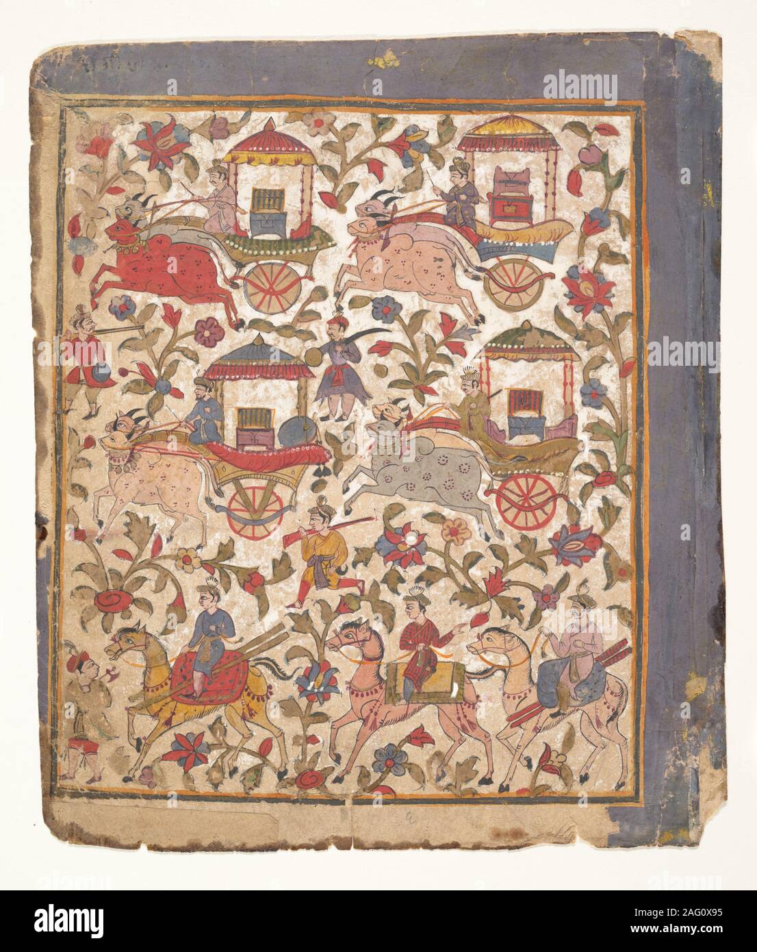 Procession of Carriages Carrying Booty: Page from a Dispersed Bhagavata Purana Manuscript , ca. 1640-50. Stock Photo