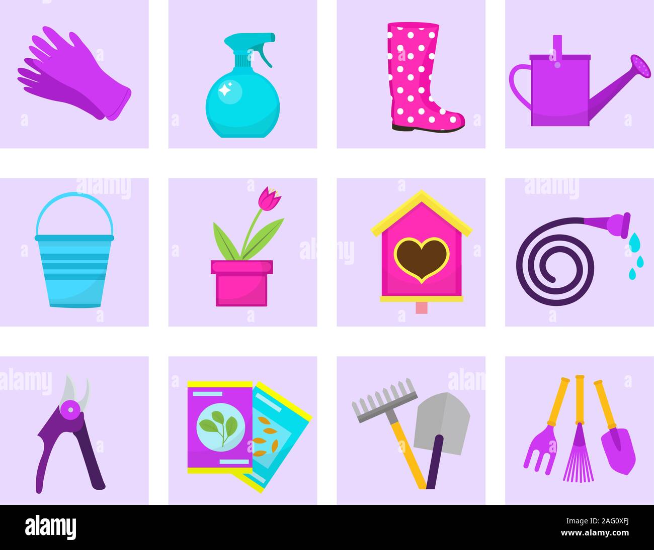 Gardening icon set, flat style. Garden and orchard collection tools and ...