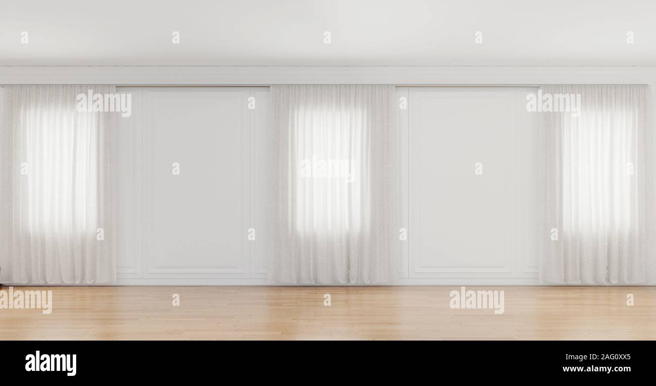 Big empty white apartment with 3 windows and no furniture, wide mock-up space, 3d rendering Stock Photo