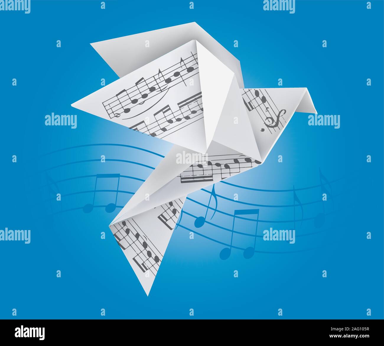 Origami dove with musical notes. Stylized illustration of paper pigeon on wave with musical notes on blue background. Vector available. Stock Vector