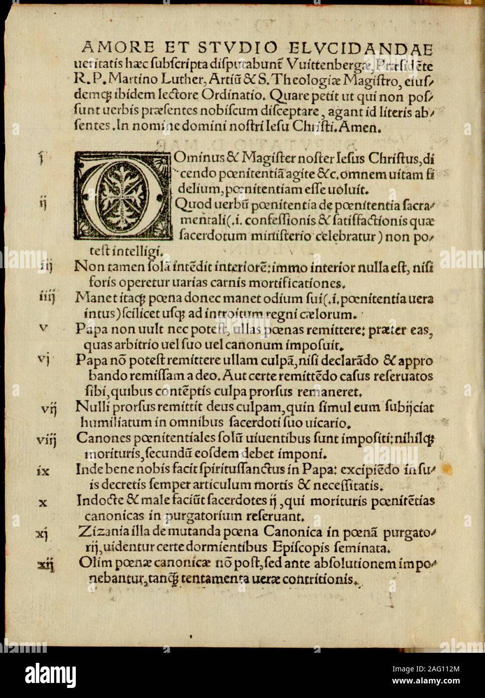 The Ninety-five Theses or Disputation on the Power of Indulgences by Martin Luther, 1517. Found in the Collection of Universit&#xe4;tsbibliothek Basel. Stock Photo