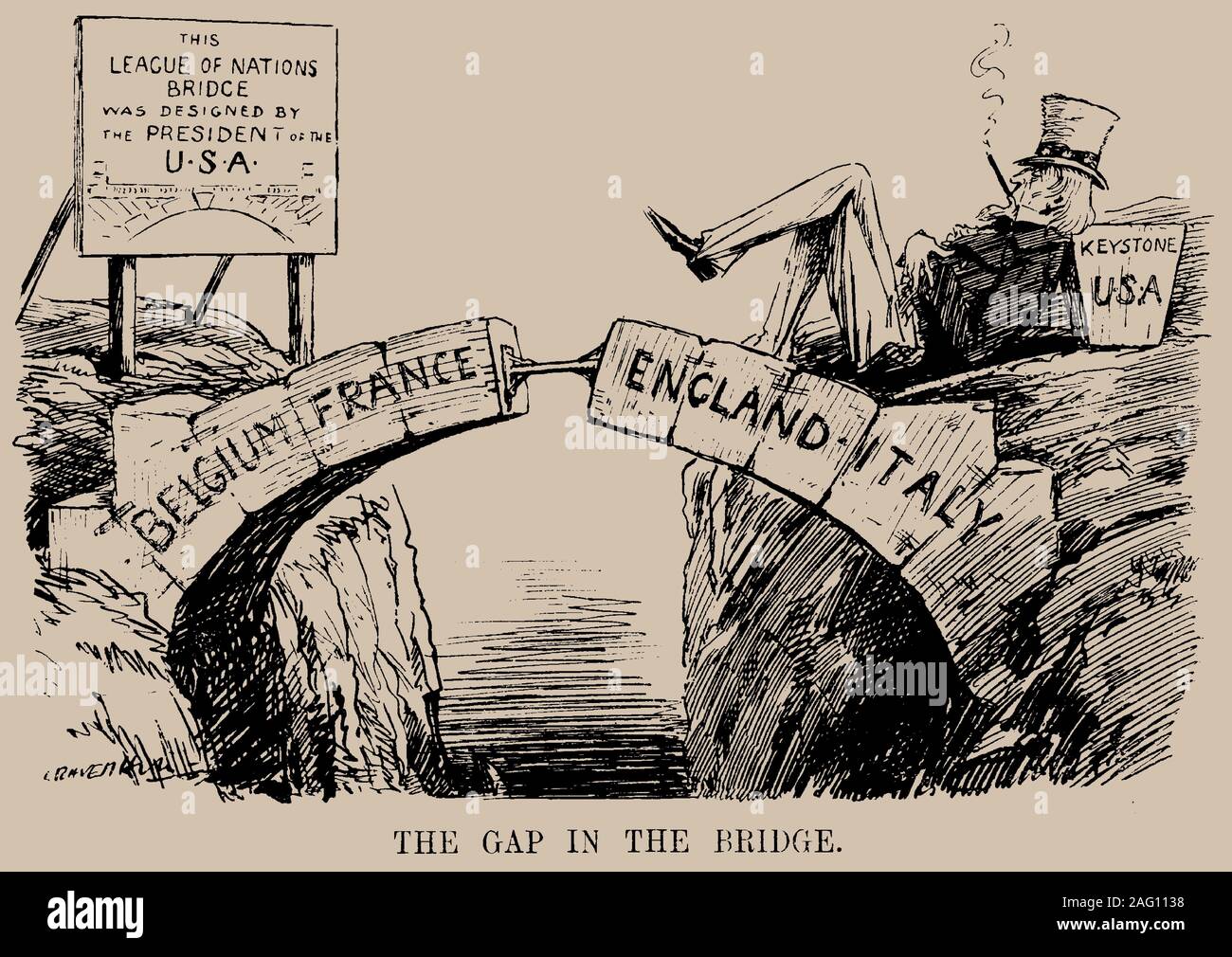 The Gap in the Bridge. Cartoon on the absence of the USA in the League of Nations. Punch, 10 December 1919, 1919. Private Collection. Stock Photo
