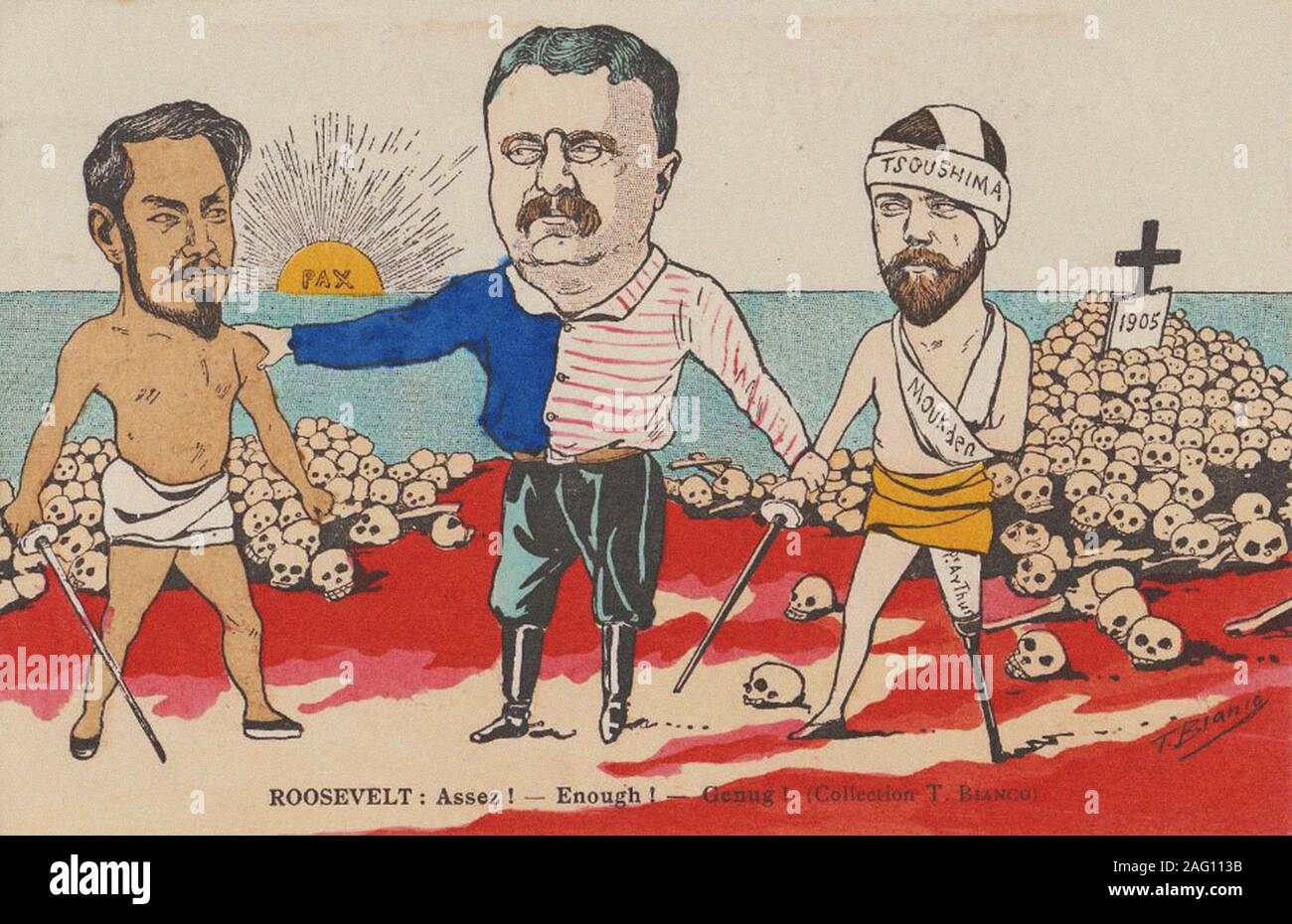 Roosevelt: &quot;Assez! - Enough! - Genug!&quot; A caricature on the Treaty of Portsmouth, 1905. Private Collection. Stock Photo