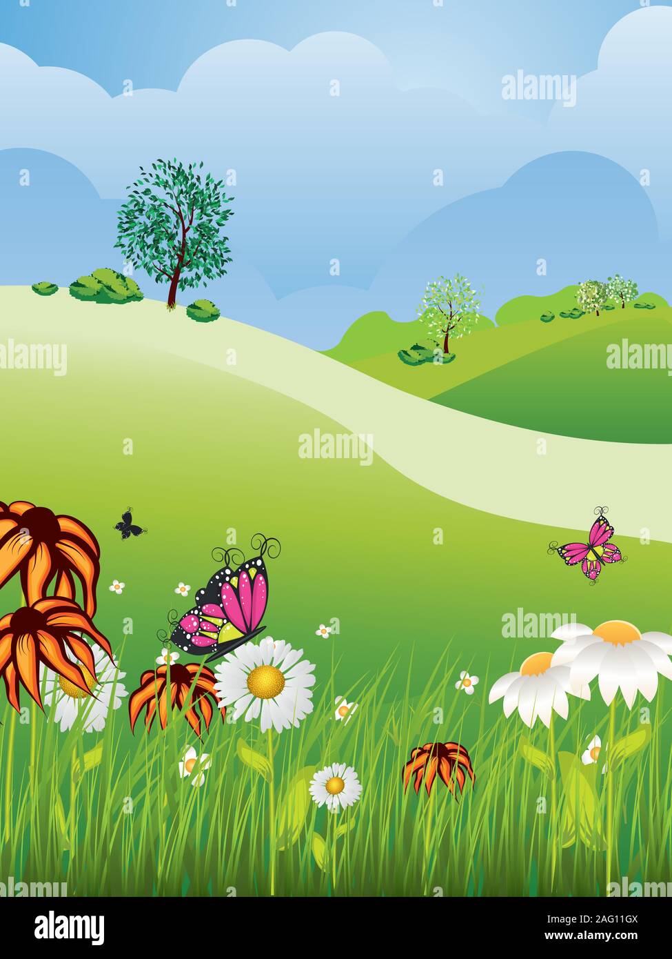 Cartoon nature summer or spring landscape, with fields, trees, grass and  flowers Stock Vector Image & Art - Alamy