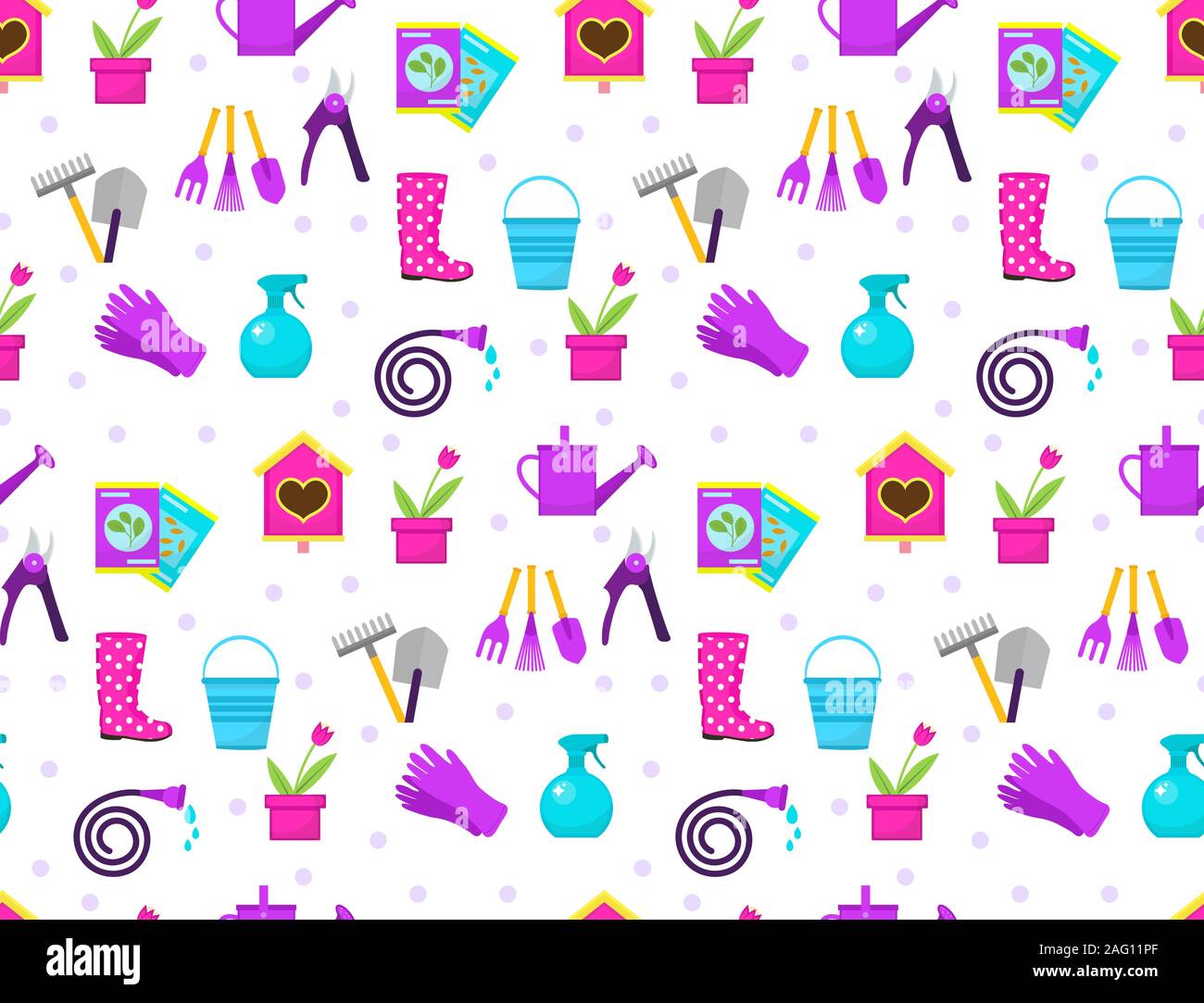Gardening seamless pattern with garden tools. Spring endless backdrop