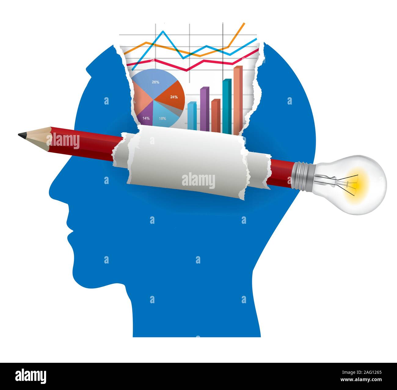Student of economy.  Illustration of stylized male head with Pencil with bulb and ripped paper with economy charts. Vector available. Stock Vector