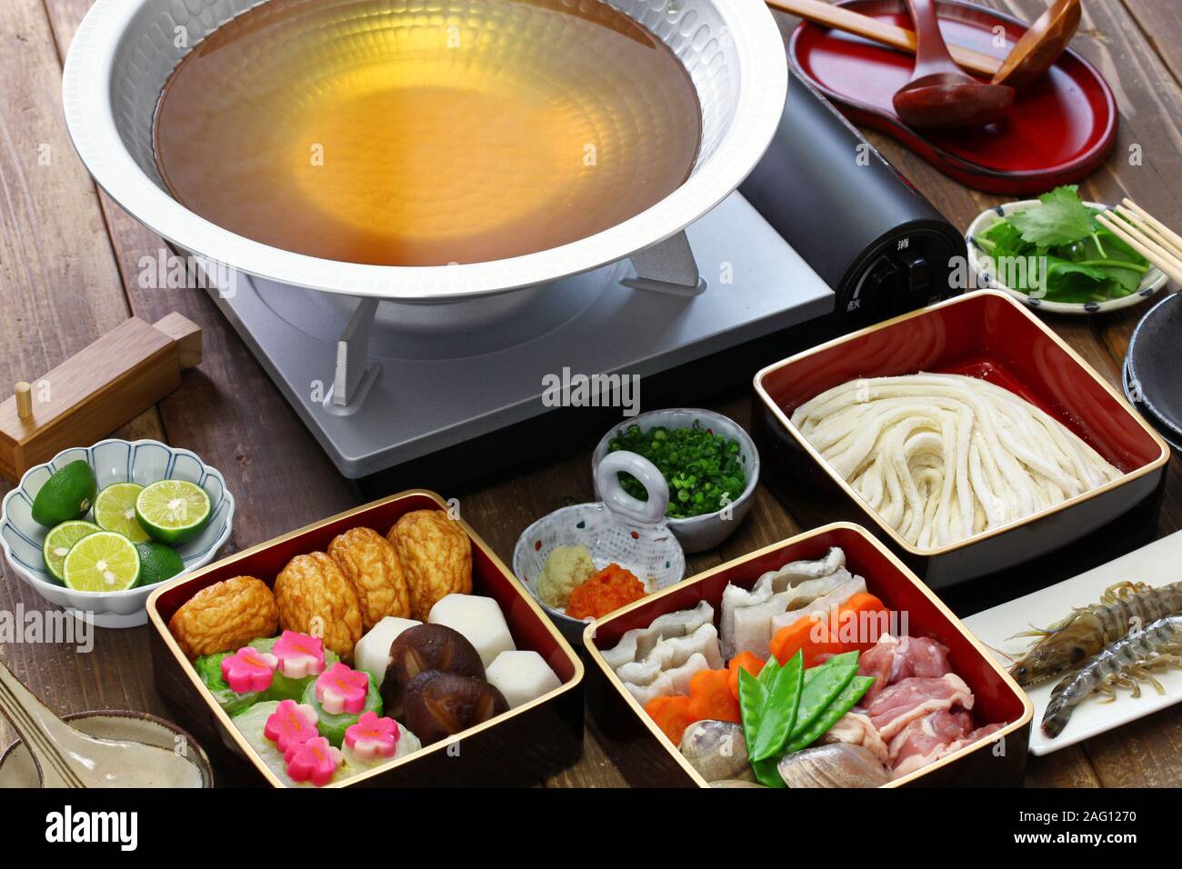 japanese cuisine, udon suki, hot pot with udon noodles and fresh