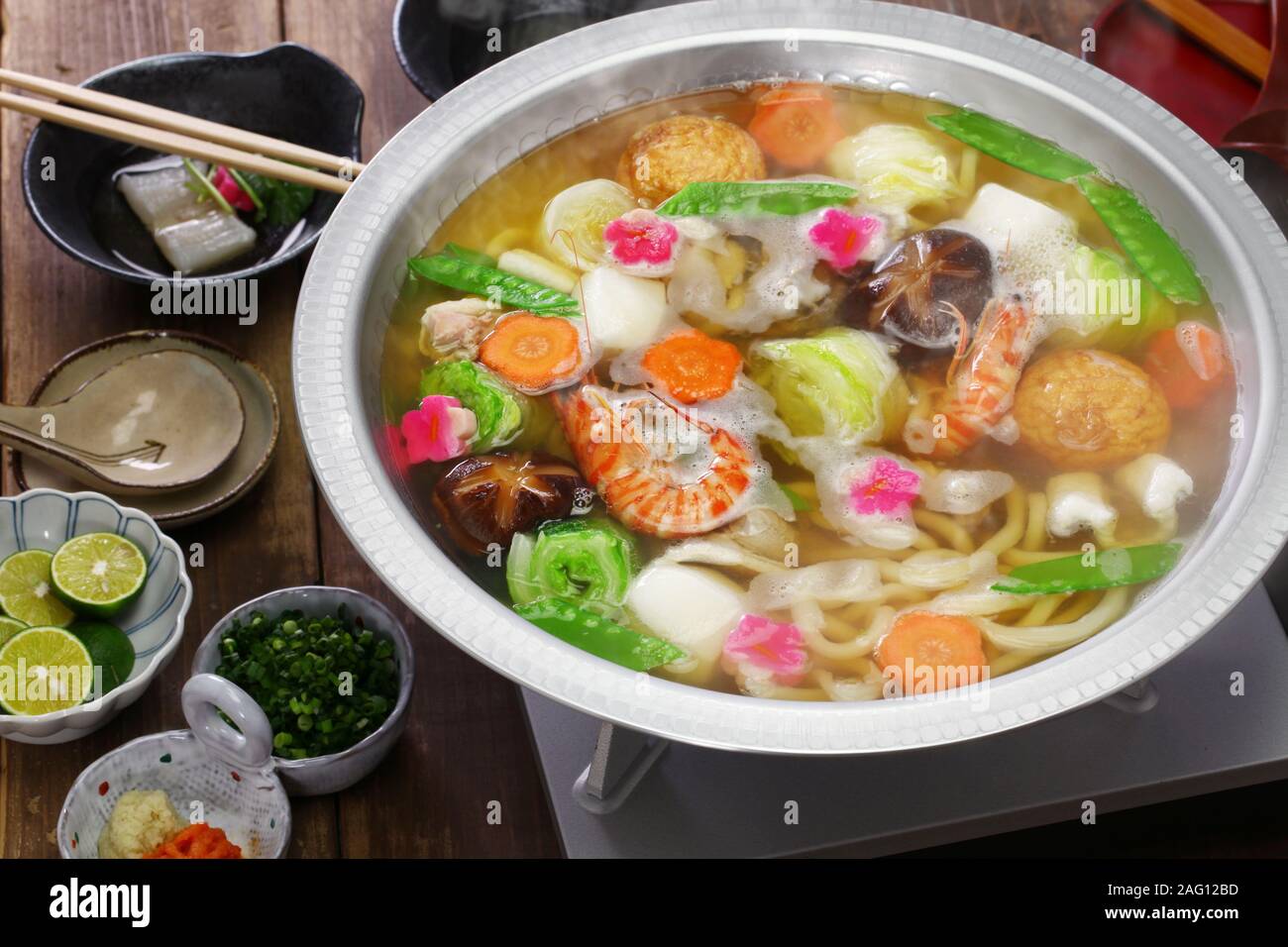 japanese cuisine, udon suki, hot pot with udon noodles and fresh