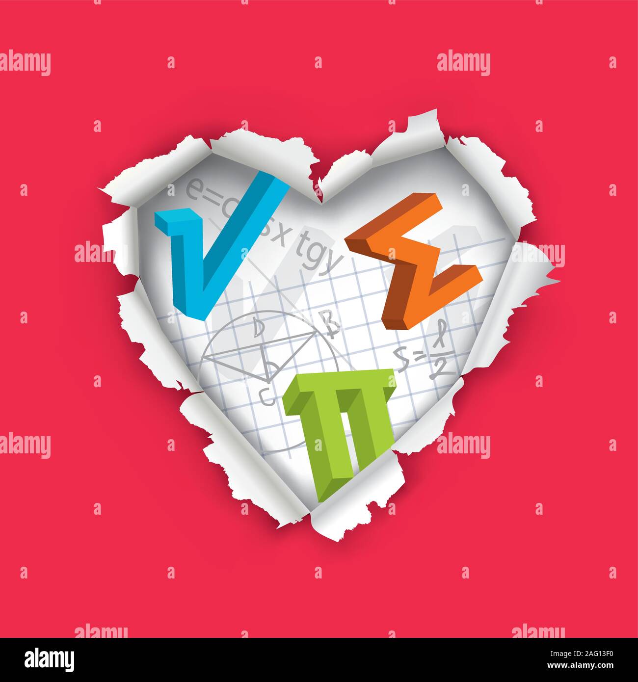 Ilove math, Mathematics education concept. Illustration of a hole in paper in the shape of heart with mathematics symbols and notes.Vector available Stock Vector