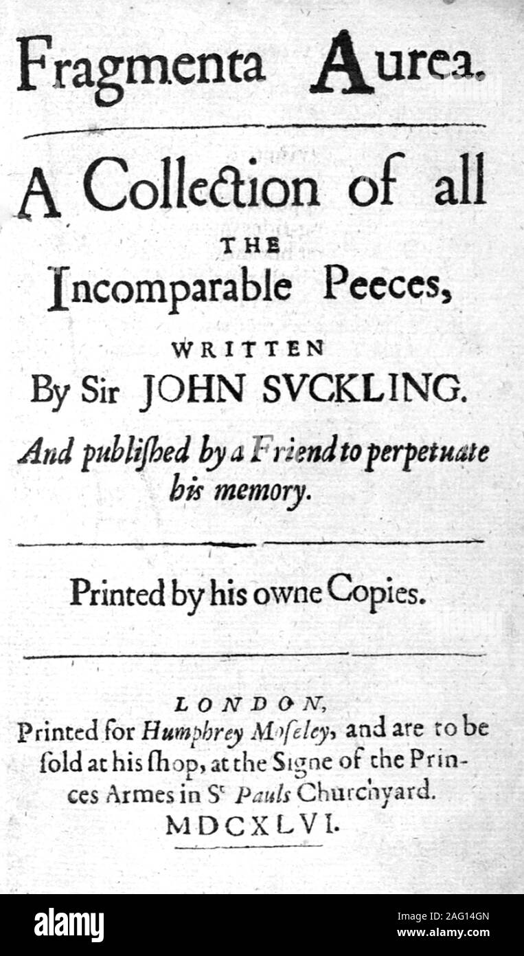 JOHN SUCKLING (1609-1641) English Cavalier poet and inventor of cribbage. The 1646 collection of his poems. Stock Photo