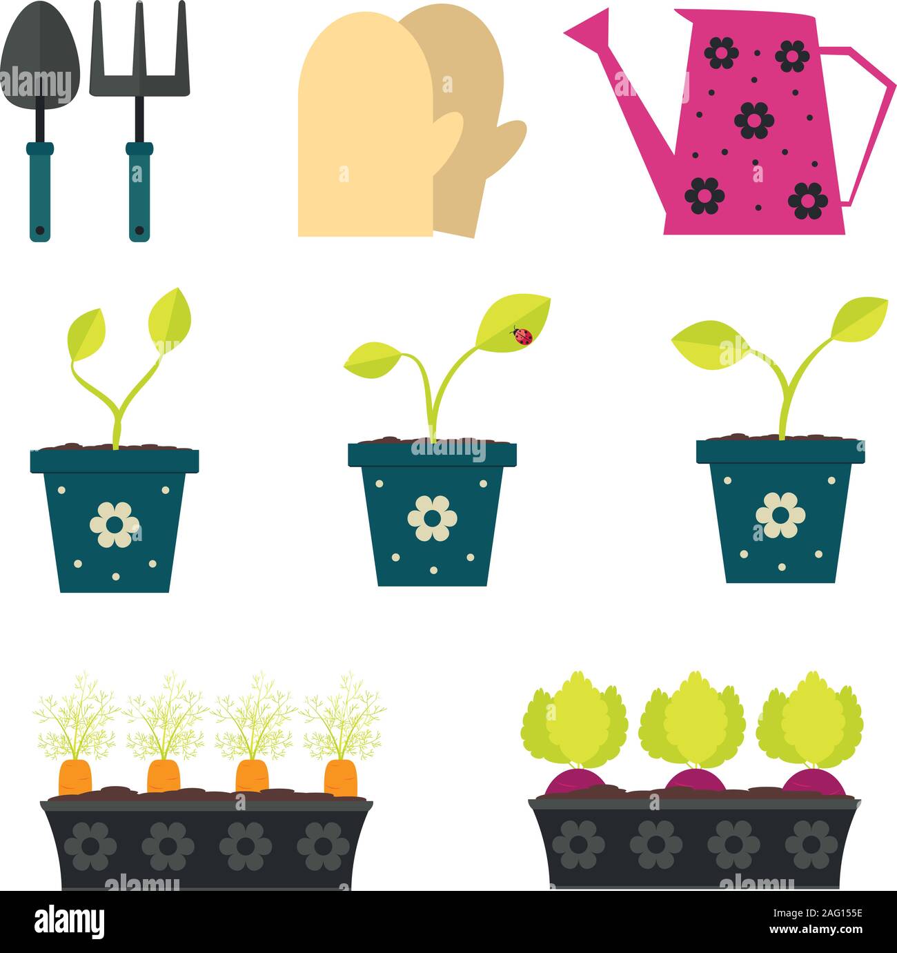 Garden and gardening tools set in cartoon flat style Stock Vector Image