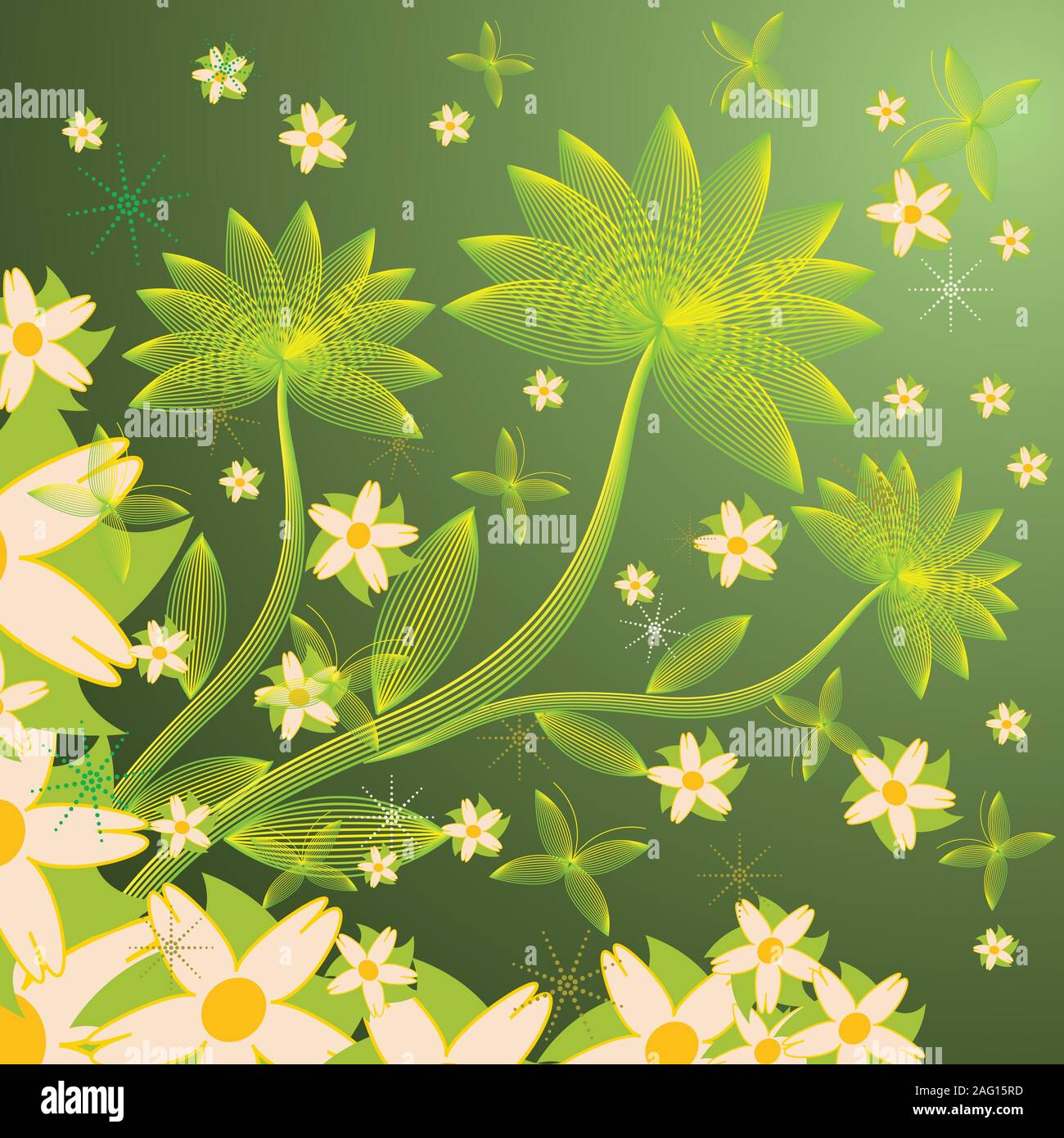 Floral illustration with flowers on green background Stock Vector Image ...