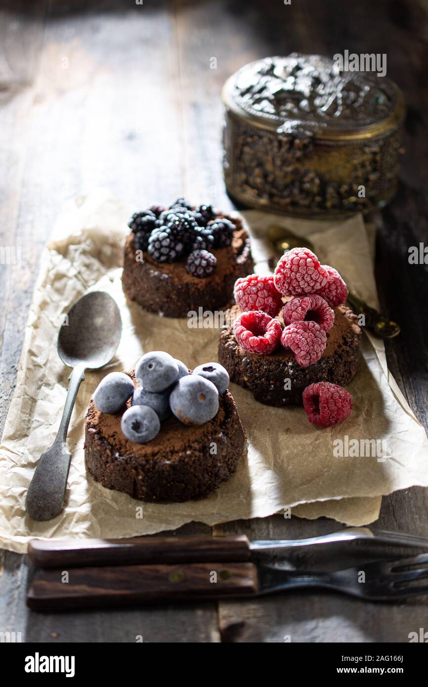 Fruit chocolate cupcakes delicious breakfast.Healthy sweetness without sugar.Home food and drink