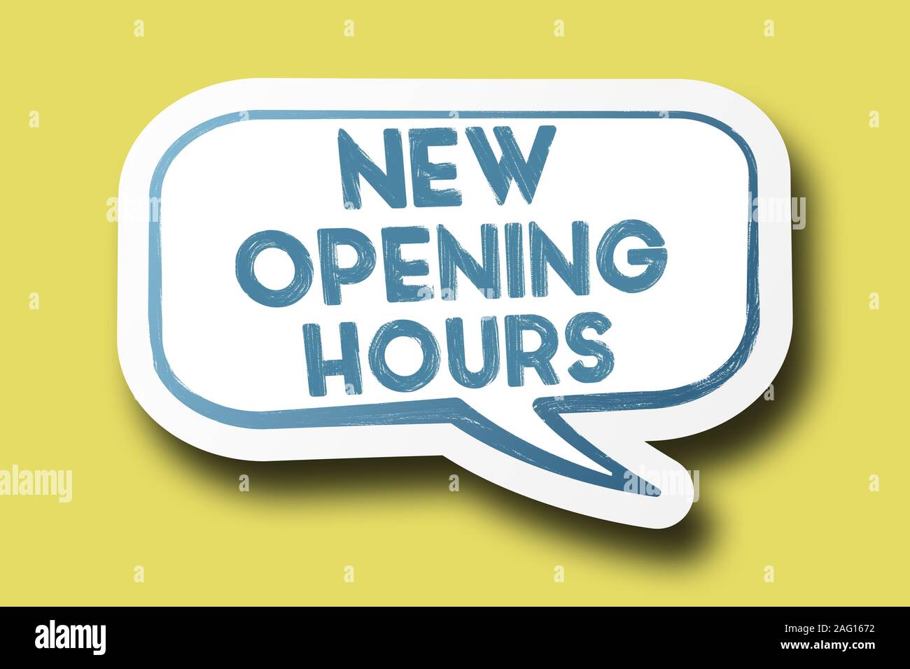 text NEW OPENING HOURS on speech bubble against bright yellow background Stock Photo