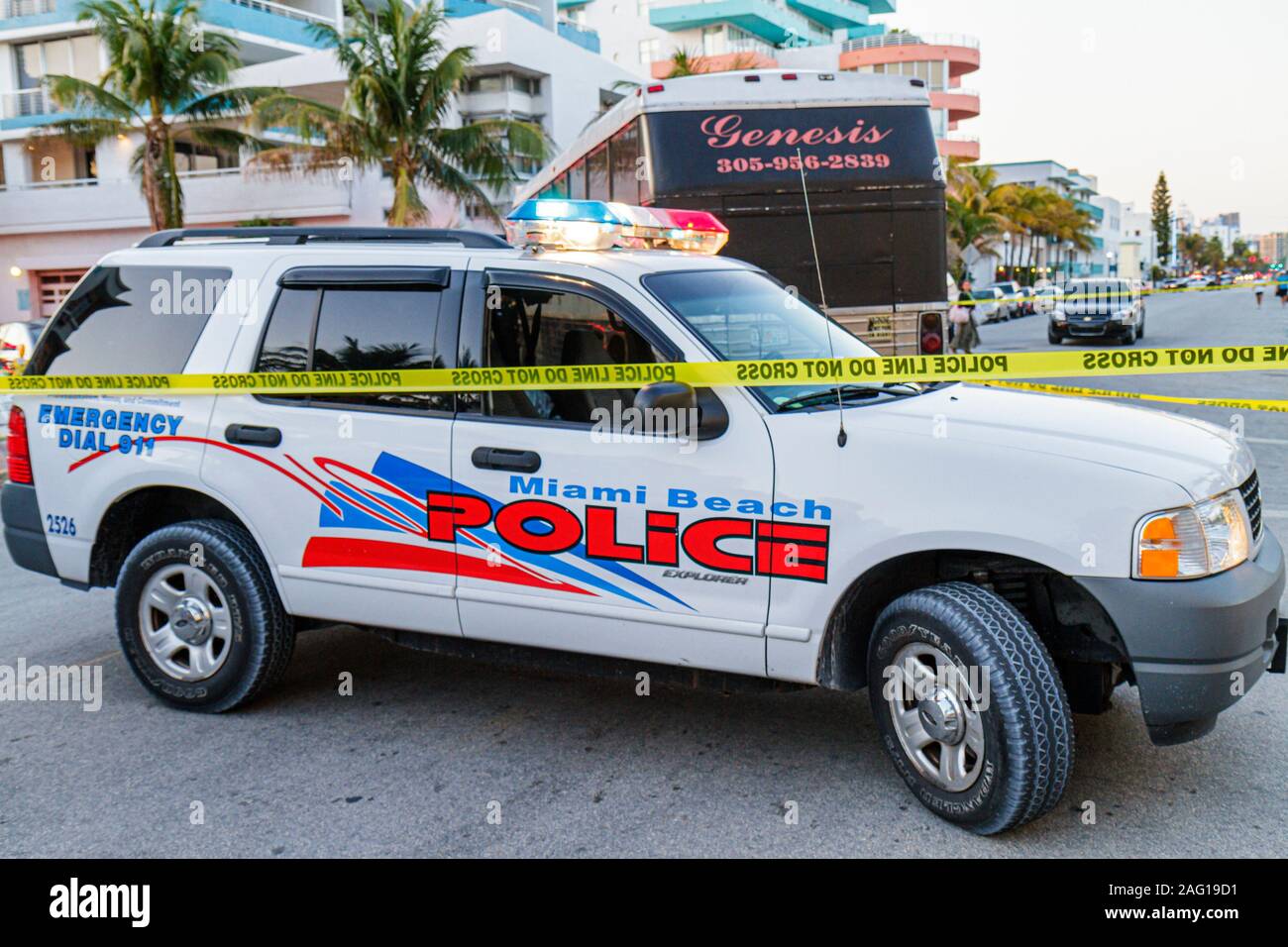 Miami Beach Florida,Ocean Drive,accident,collision,bus,coach,bicycle rider,riders,police,vehicle,SUV,tape,line,do not cross,FL100405001 Stock Photo