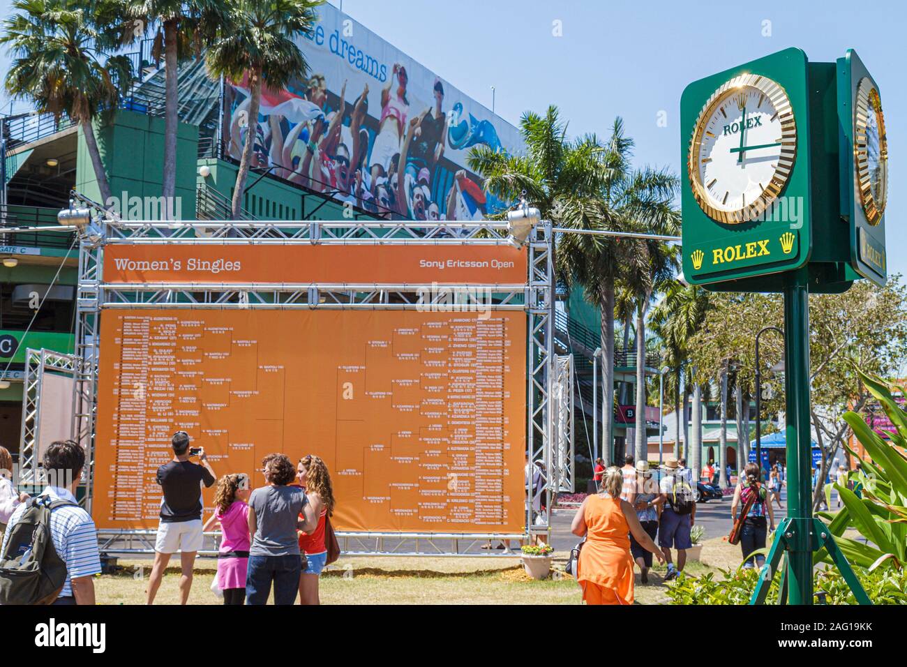 Miami Florida,Key Biscayne,Sony Ericsson Openal tennis tournament,sporting corporate sponsor,Rolex,scoreboard,FL100405013 Stock Photo