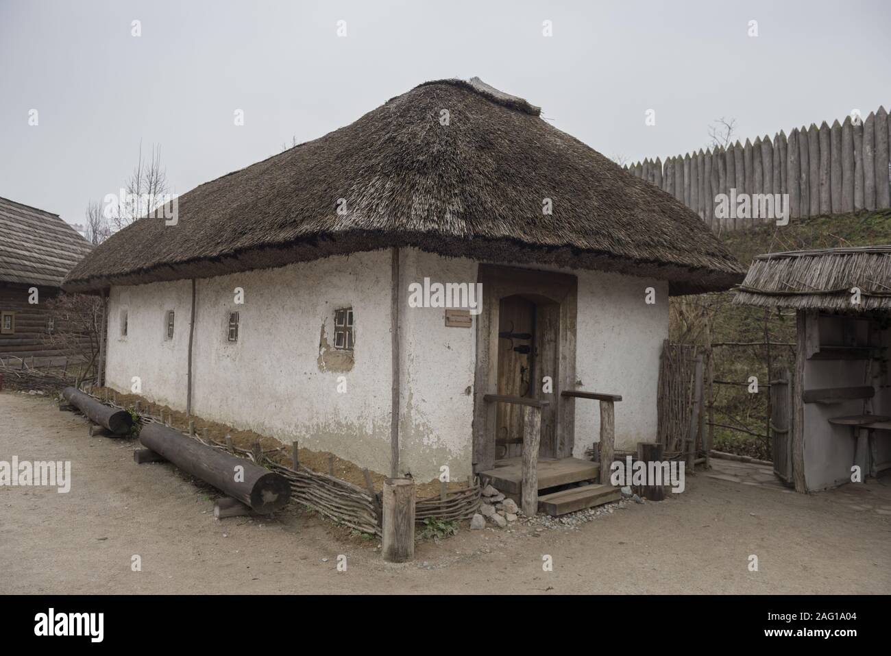 Mazanka house in Museum of Zaporizhian Cossacks 'Zaporizhian Sich' of Khortytsia, Zaporozhye city, Ukraine Stock Photo