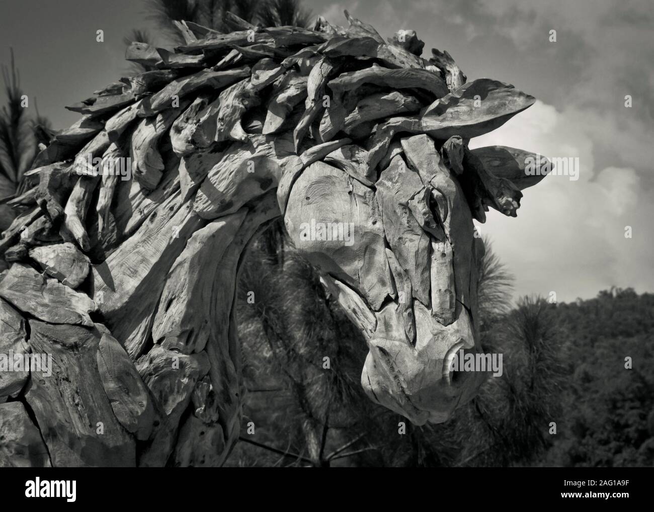 Big horse head art statue from wooden pieces on the park at d'riam ...