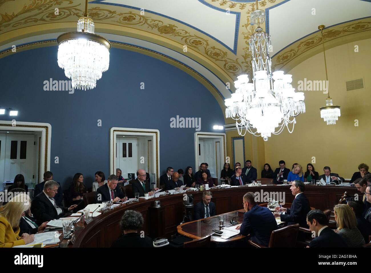 Washington, United States. 17th Dec, 2019. Rep. Jamie Raskin (D-MD, seated, right) and Rep. Doug Collins (R-GA, seated left) testifying at a meeting of the house committee on rules to consider H. Res. 755 'Impeaching Donald John Trump, President of the United States, for high crimes and misdemeanors' on Capitol Hill in Washington, DC on December 17, 2019. Pool Photo by Erin Schaff/UPI Credit: UPI/Alamy Live News Stock Photo