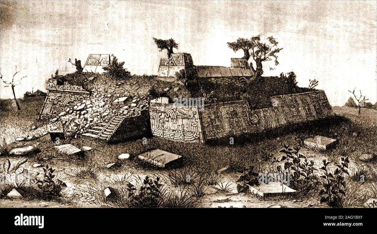 Ruins  of step pyramid of Xochicalco  at Cholula, Central America as they were in the 19th century Stock Photo