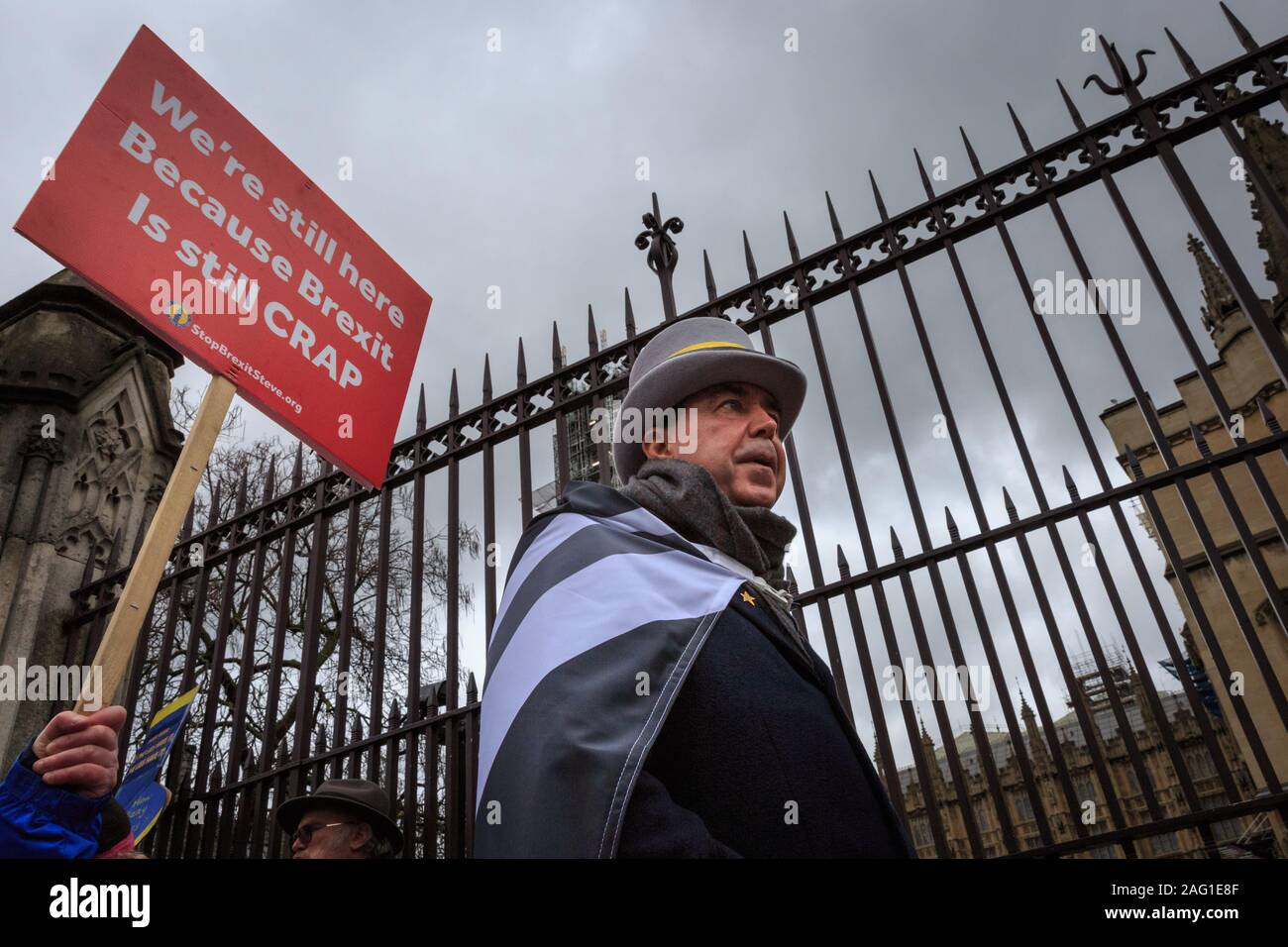 Westminster, London, 17h Dec 2019. 'Mr.Stop Brexit', Steven Bray, is back with his trusty megaphone and vows to carry on fighting Brexit. Pro-, and Anti-Brexit protesters are once again rallying outside the gates to the Houses of Parliament as MPs return to the Commons. Credit: Imageplotter/Alamy Live News Stock Photo