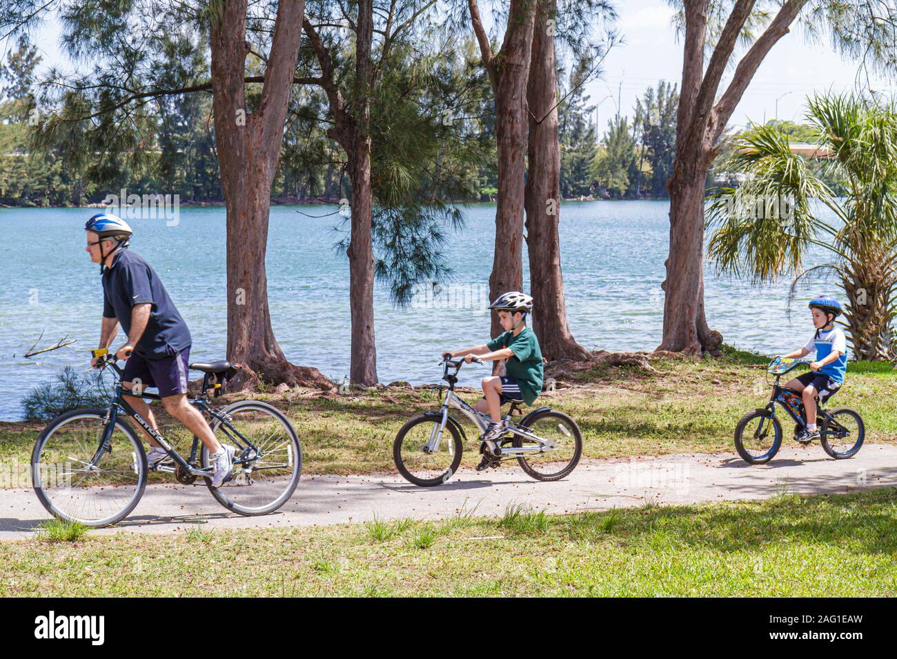Miami Florida,Tropical Park,man men male,father,parent,parents,boy boys male kids children son,biking,bicycle,bicycling,riding,biking,rider,bike,helme Stock Photo