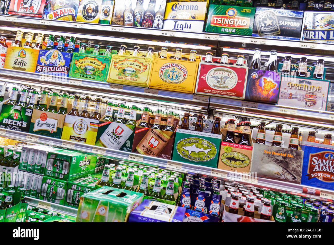 Miami Florida,Coconut Grove,The Fresh Market,grocery store,beverages,refrigerated,bottles,beer,brands shopping shopper shoppers shop shops market mark Stock Photo