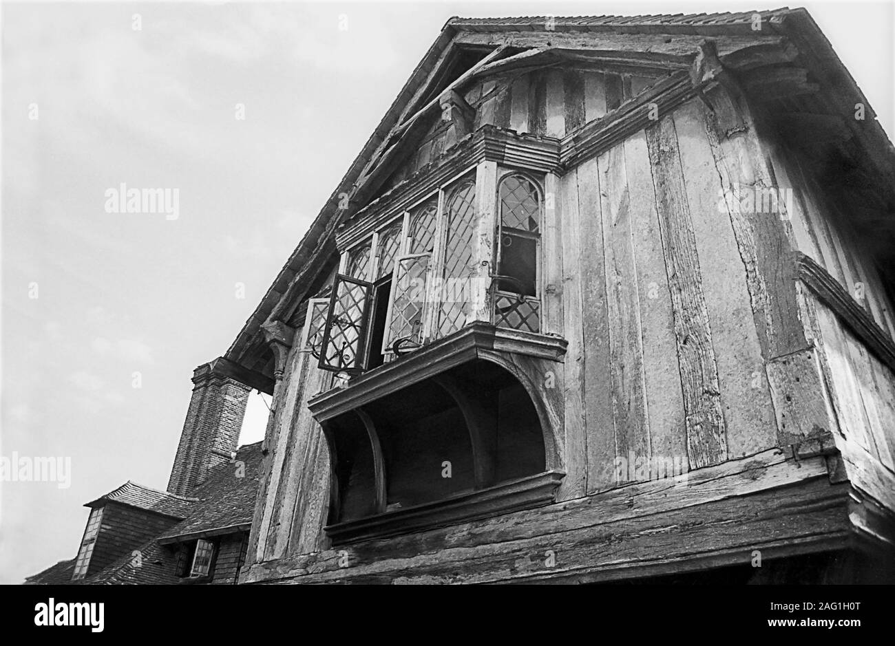 Close-up of the gabled front of Dixter Manor, built circa 1450: Northiam, East Sussex, UK.  Black and white version Stock Photo