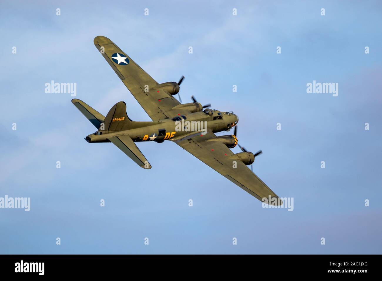 SANICOLE, BELGIUM - SEP 13, 2019: Vintage warbird US Air Force Boeing B-17 Flying Fortress WW2 bomber plane perforing at the Sanice Sunset Airshow. Stock Photo