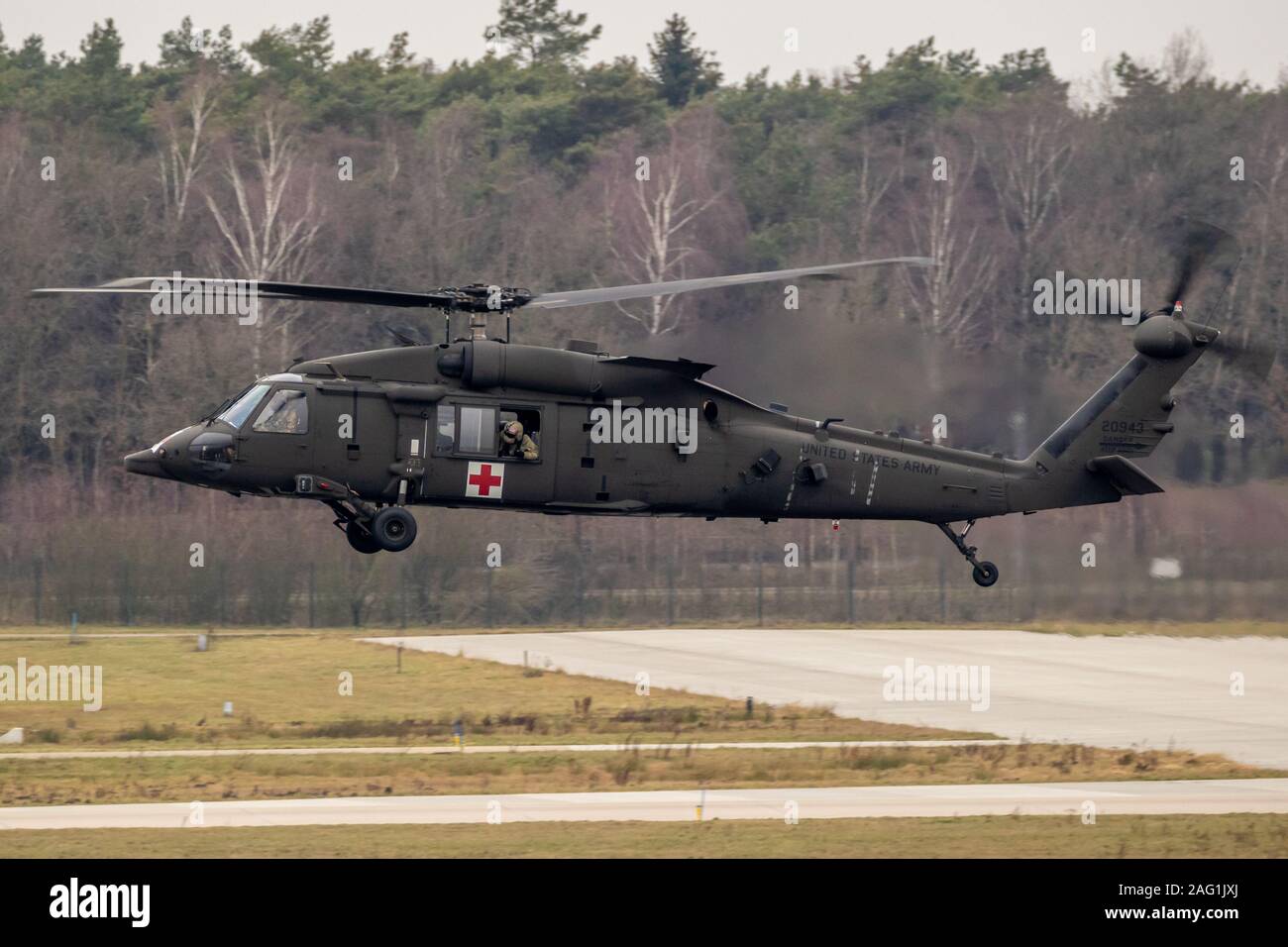 EINDHOVEN, THE NETHERLANDS - FEB 4, 2019: United States Army Sikorsky HH-60M Blackhawk transport helicopter in flight. Stock Photo